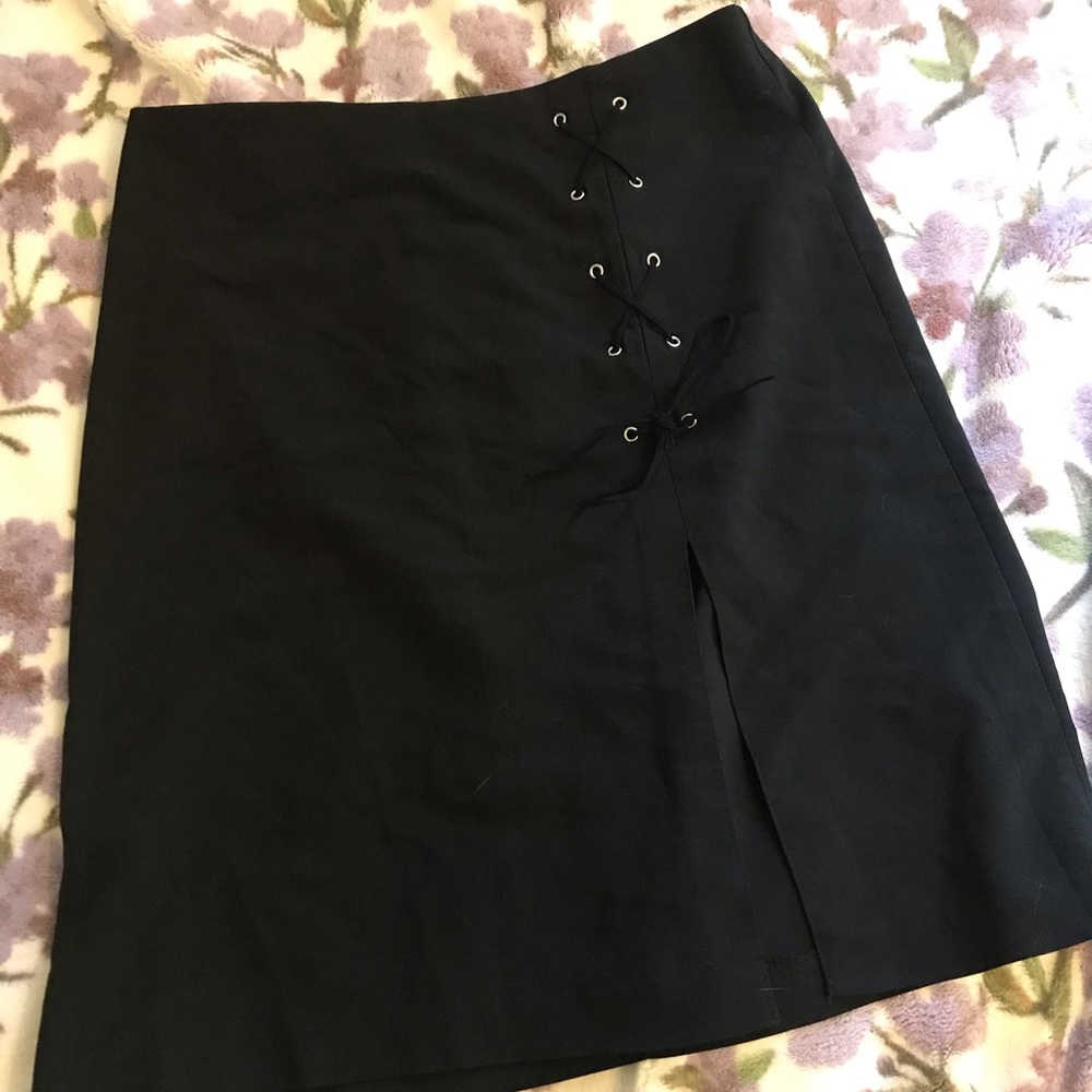 Vintage spring street midi skirt black lace up grommets leg slit